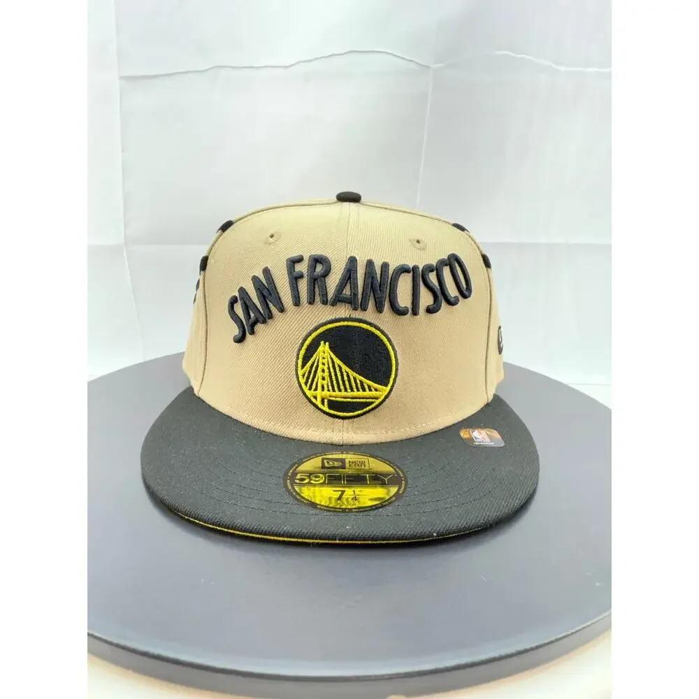 New Era Golden State‎ Warriors Tan Black 59Fifty Fitted Hat Size 7 1/4 NBA NEW